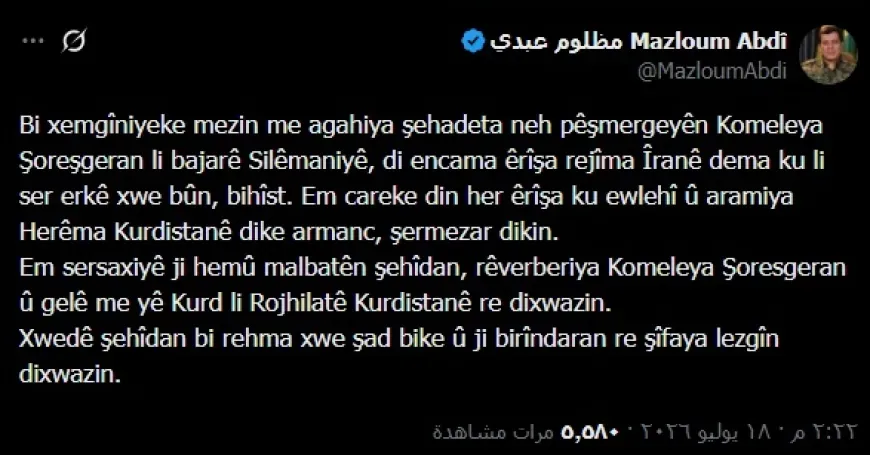 Mazloum Abdi betuigt zijn medeleven met de dood van Komala-strijders